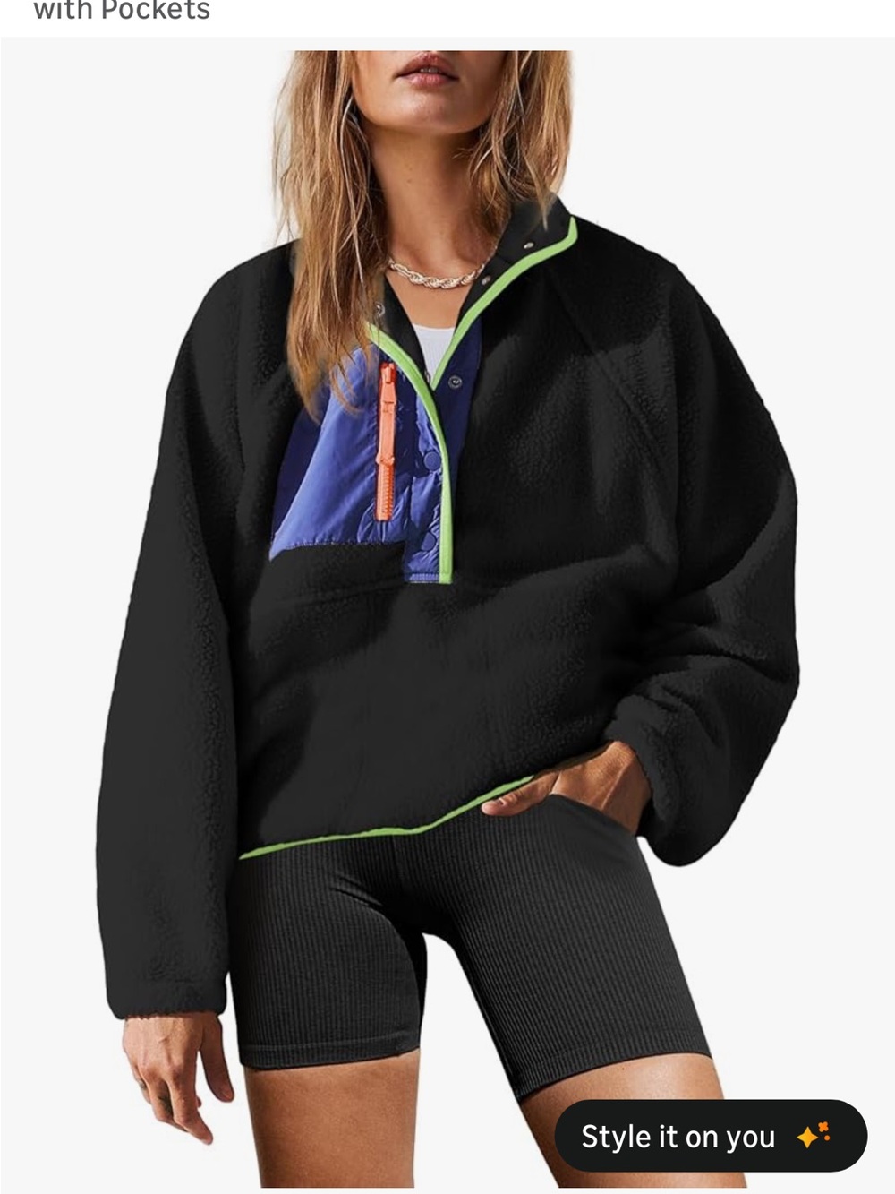 Cozy Black Fleece Pullover with Neon Trim and Blue Chest Panel